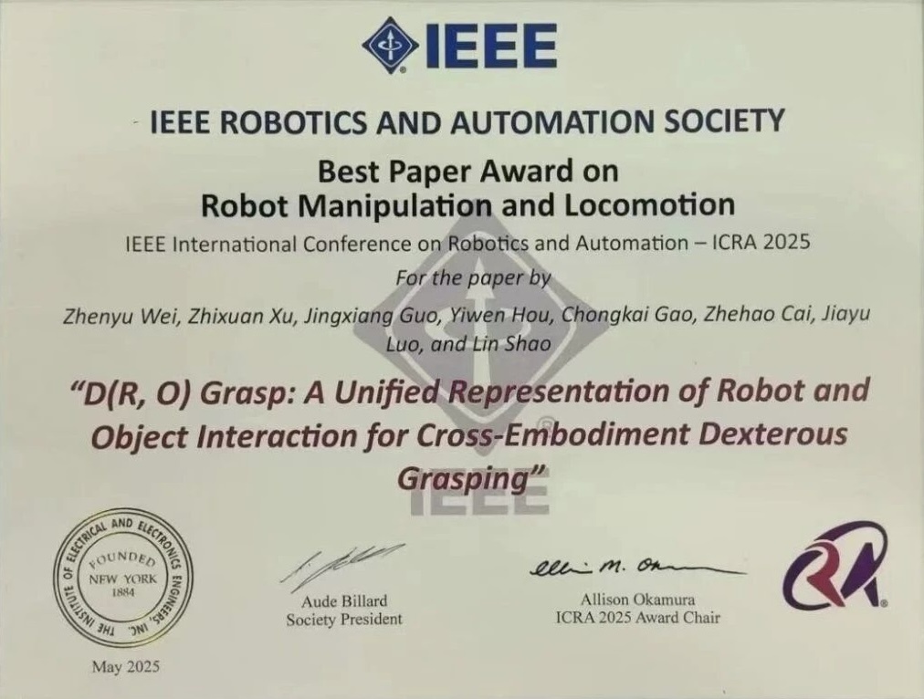 Chief Scientist Shao Lin has been awarded the Best Paper Award in Robotics Manipulation and Motion at ICRA 2025.